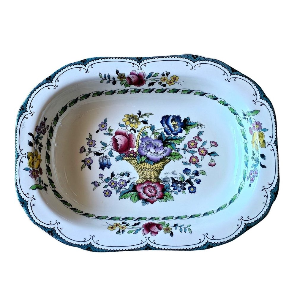 Spode England Avondale Oval Seving Bowl 9" teal trim floral roses